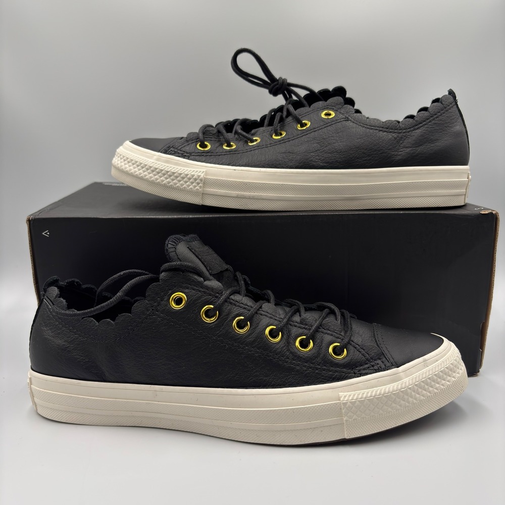 Converse Chuck Taylor All Star Ox Scallop Black Leather Gold Eyelets 563516C 9